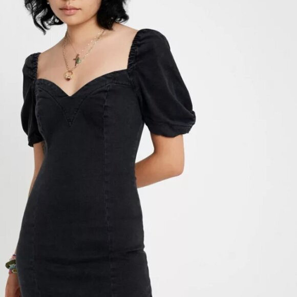UO Urban Outfitters Chelsea Denim Puff Sleeve Mini Dress  black S Small - Picture 4 of 15